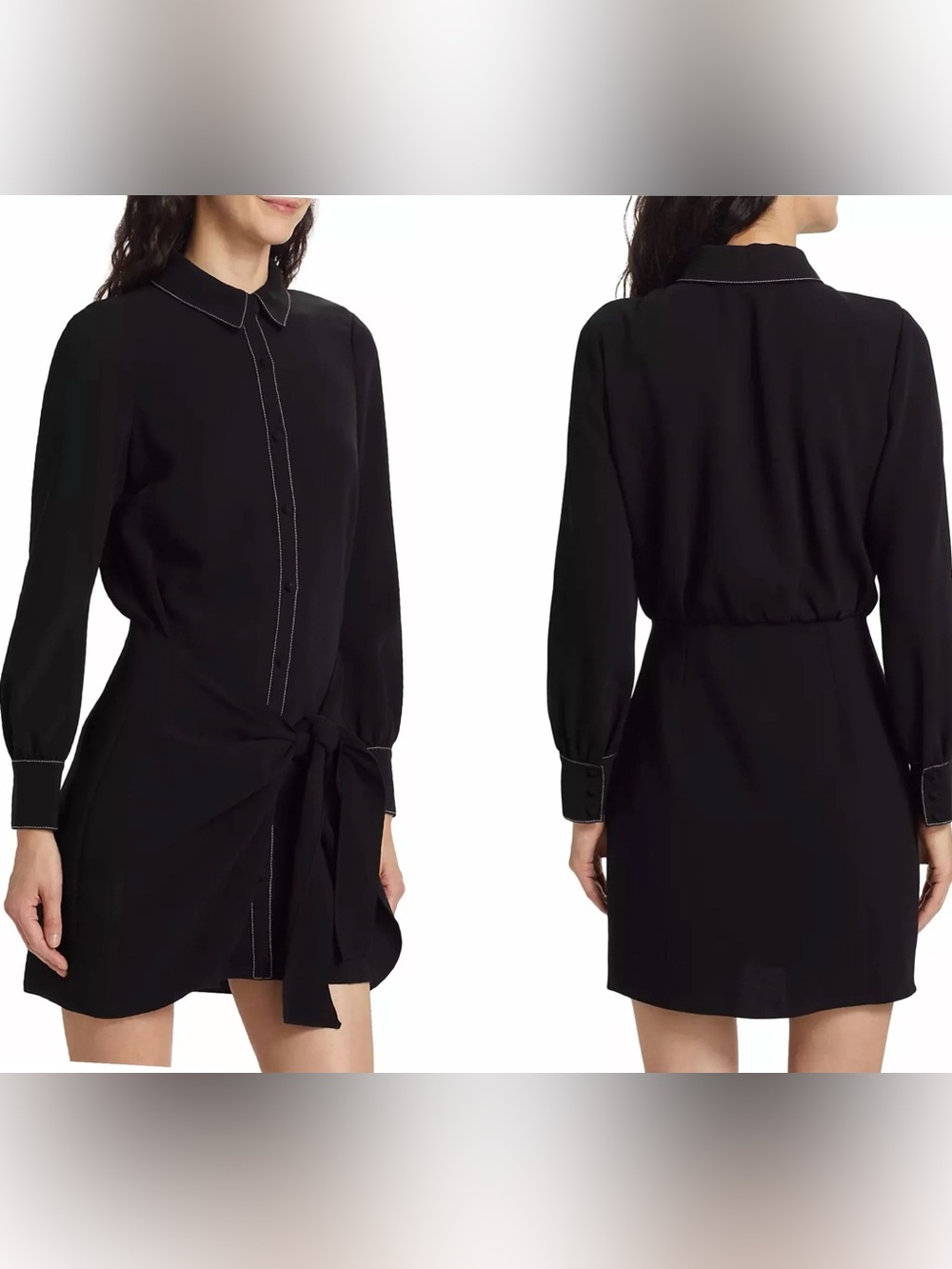 Cinq A Sept Black Crepe Gabby Tie Wrap Front Shirt Dress Button Front Size 14